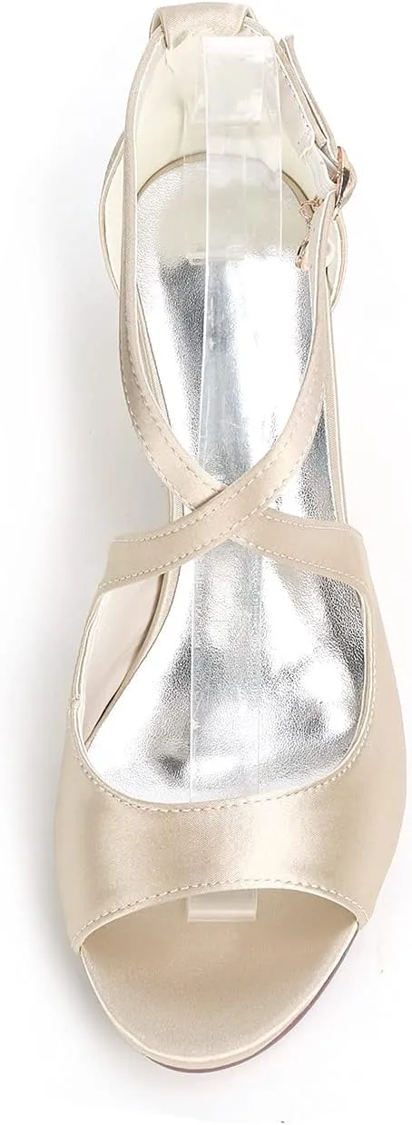 Anna's Bridal Women's Pearl Wedding Sandals for Bride Wedges Low Heel Comfortable Satin Shoes Peep Toe S Strap Formal Prom Party Shoes Sandals