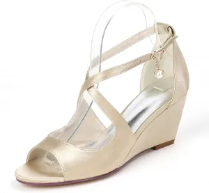 Anna's Bridal Women's Pearl Wedding Sandals for Bride Wedges Low Heel Comfortable Satin Shoes Peep Toe S Strap Formal Prom Party Shoes Sandals