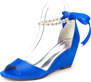 Anna's Bridal Women's Pearl Wedding Shoes for Bride Wedges Low Heel Comfortable Satin Shoes Peep Toe S Strap Formal Prom Party Shoes Sandals
