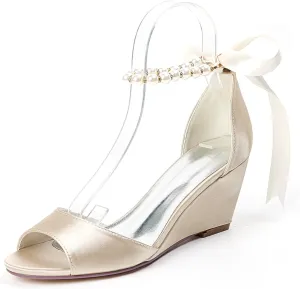 Anna's Bridal Women's Pearl Wedding Shoes for Bride Wedges Low Heel Comfortable Satin Shoes Peep Toe S Strap Formal Prom Party Shoes Sandals