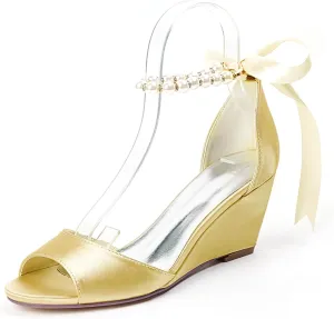 Anna's Bridal Women's Pearl Wedding Shoes for Bride Wedges Low Heel Comfortable Satin Shoes Peep Toe S Strap Formal Prom Party Shoes Sandals