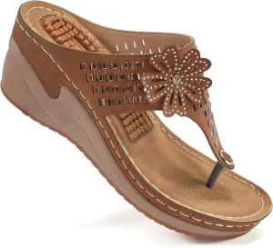 Aomigoct Wedge Sandals Women Flip Flops with High Increased Flower Platform Sandals for Women Dressy Summer Wedge Shoes Cushion FootBed Comfort Flip Flops