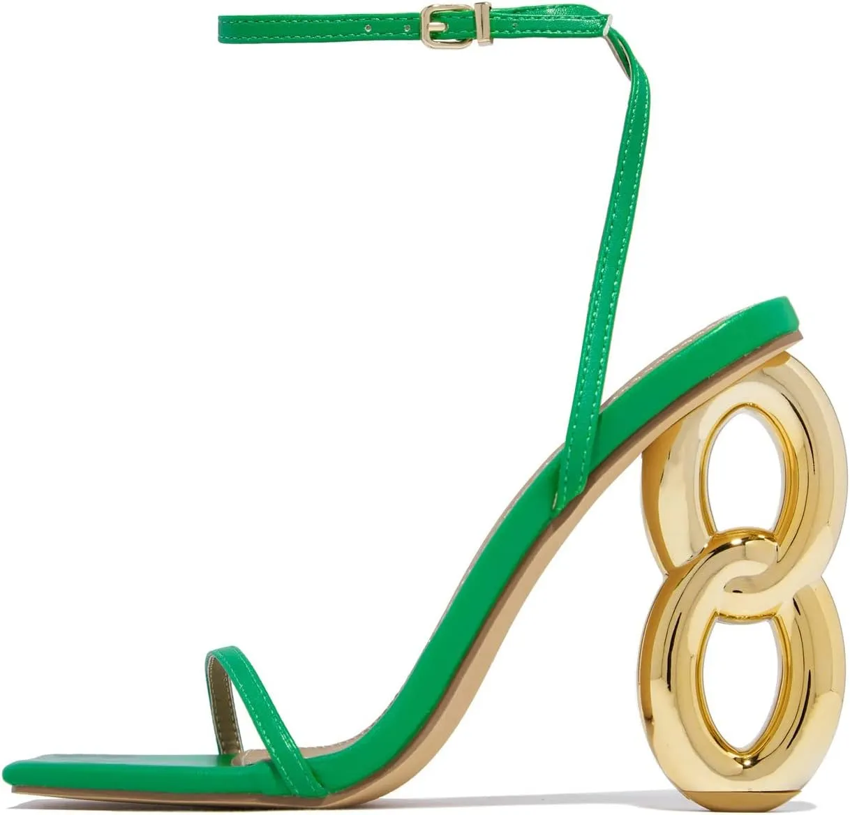 Arqa Single Sole High Heels Ankle Strap Synthetic Leather Square Toe Gold Chain Heel Sandals Summer Slingback