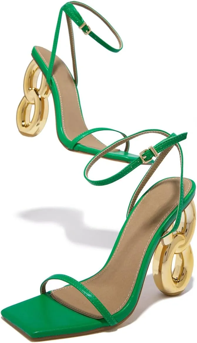 Arqa Single Sole High Heels Ankle Strap Synthetic Leather Square Toe Gold Chain Heel Sandals Summer Slingback