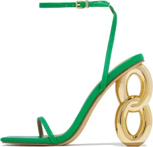 Arqa Single Sole High Heels Ankle Strap Synthetic Leather Square Toe Gold Chain Heel Sandals Summer Slingback