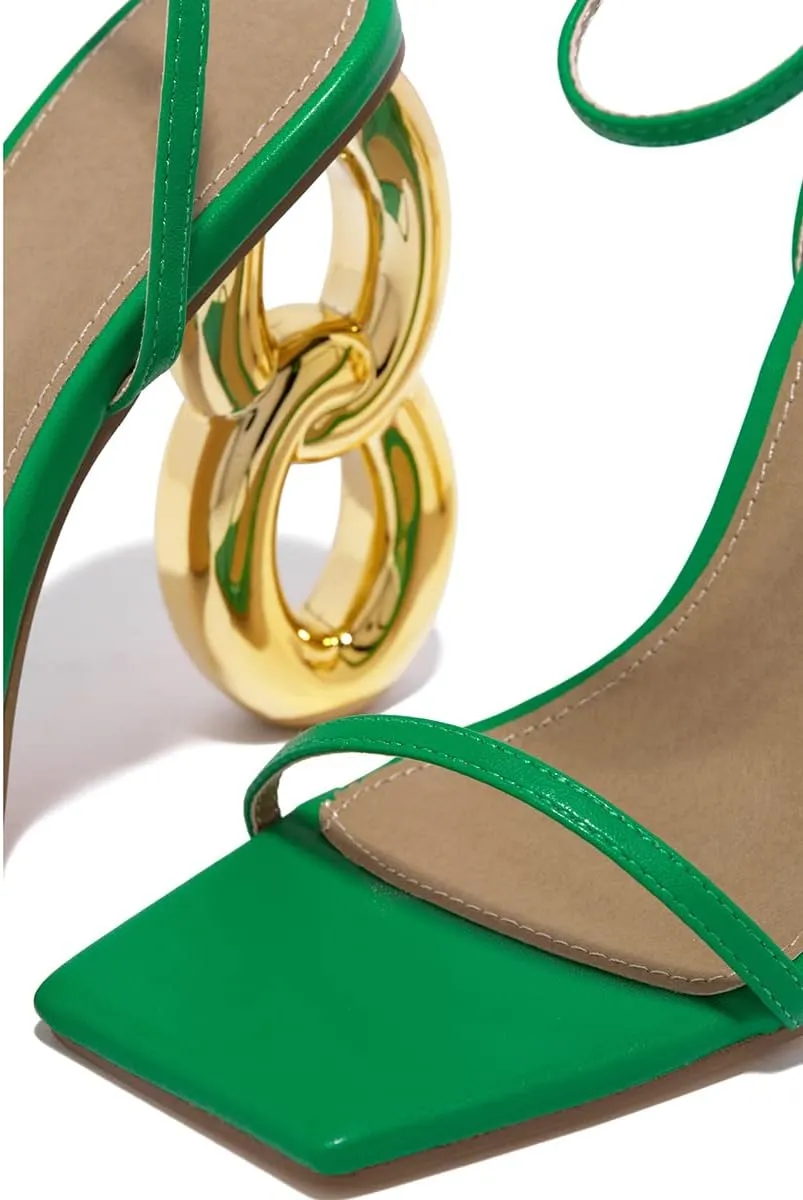 Arqa Single Sole High Heels Ankle Strap Synthetic Leather Square Toe Gold Chain Heel Sandals Summer Slingback