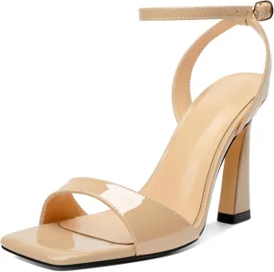 AUMOTED Womens Strappy Sandals Stilettos High Heel Square Open Toe Sandals Ankle Strap Patent Summer Flared Heeled Sandals 4 Inch