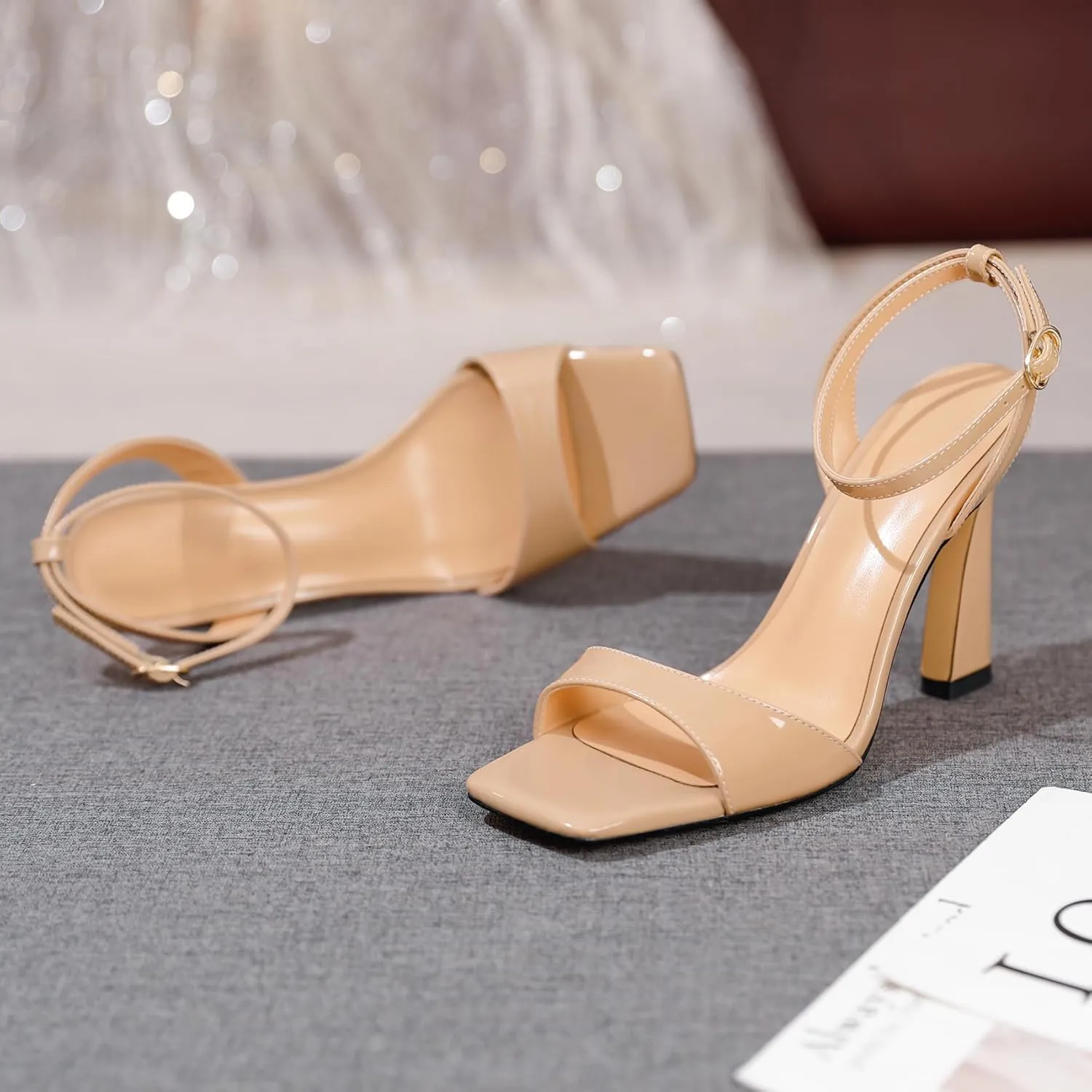 AUMOTED Womens Strappy Sandals Stilettos High Heel Square Open Toe Sandals Ankle Strap Patent Summer Flared Heeled Sandals 4 Inch