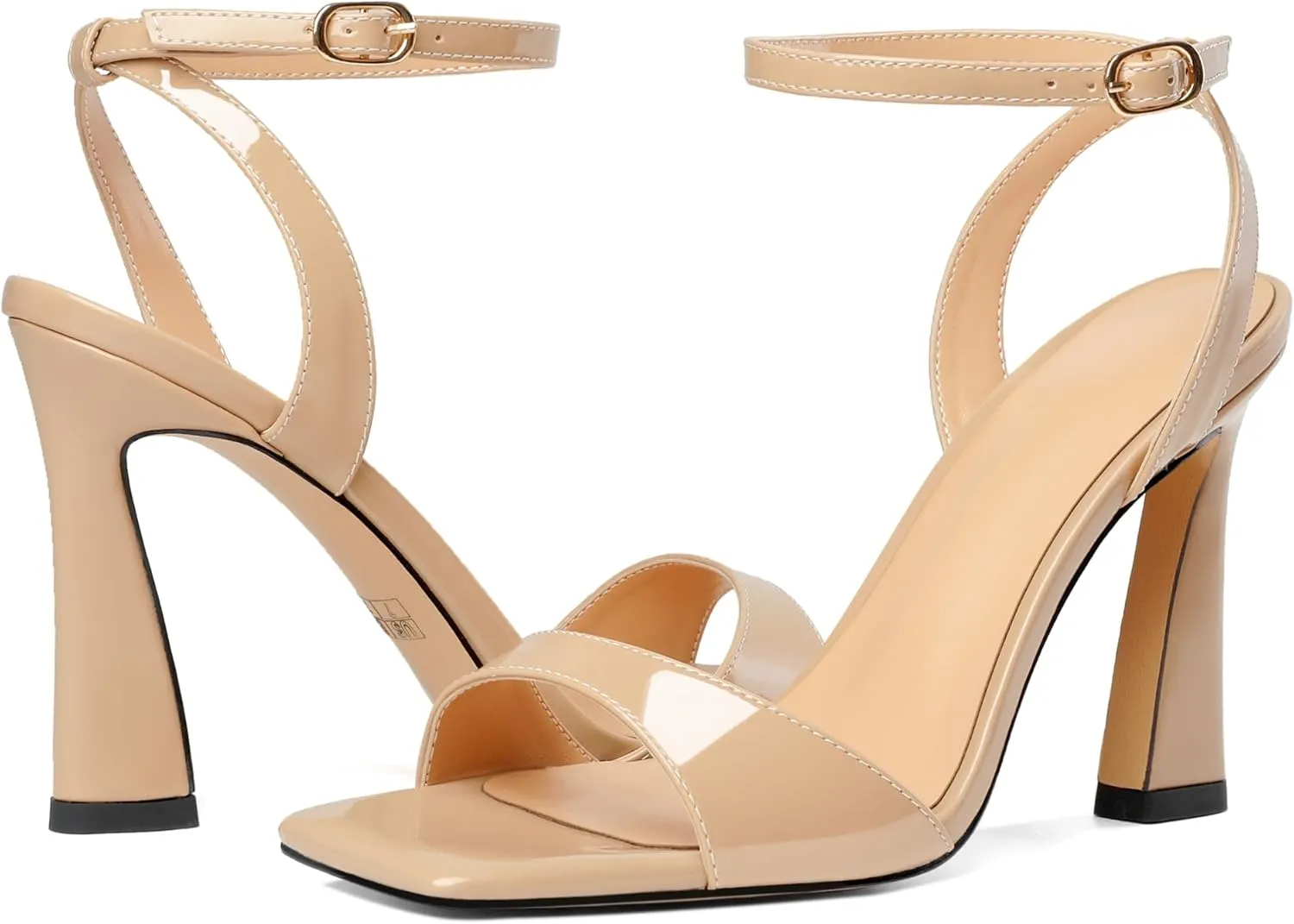 AUMOTED Womens Strappy Sandals Stilettos High Heel Square Open Toe Sandals Ankle Strap Patent Summer Flared Heeled Sandals 4 Inch