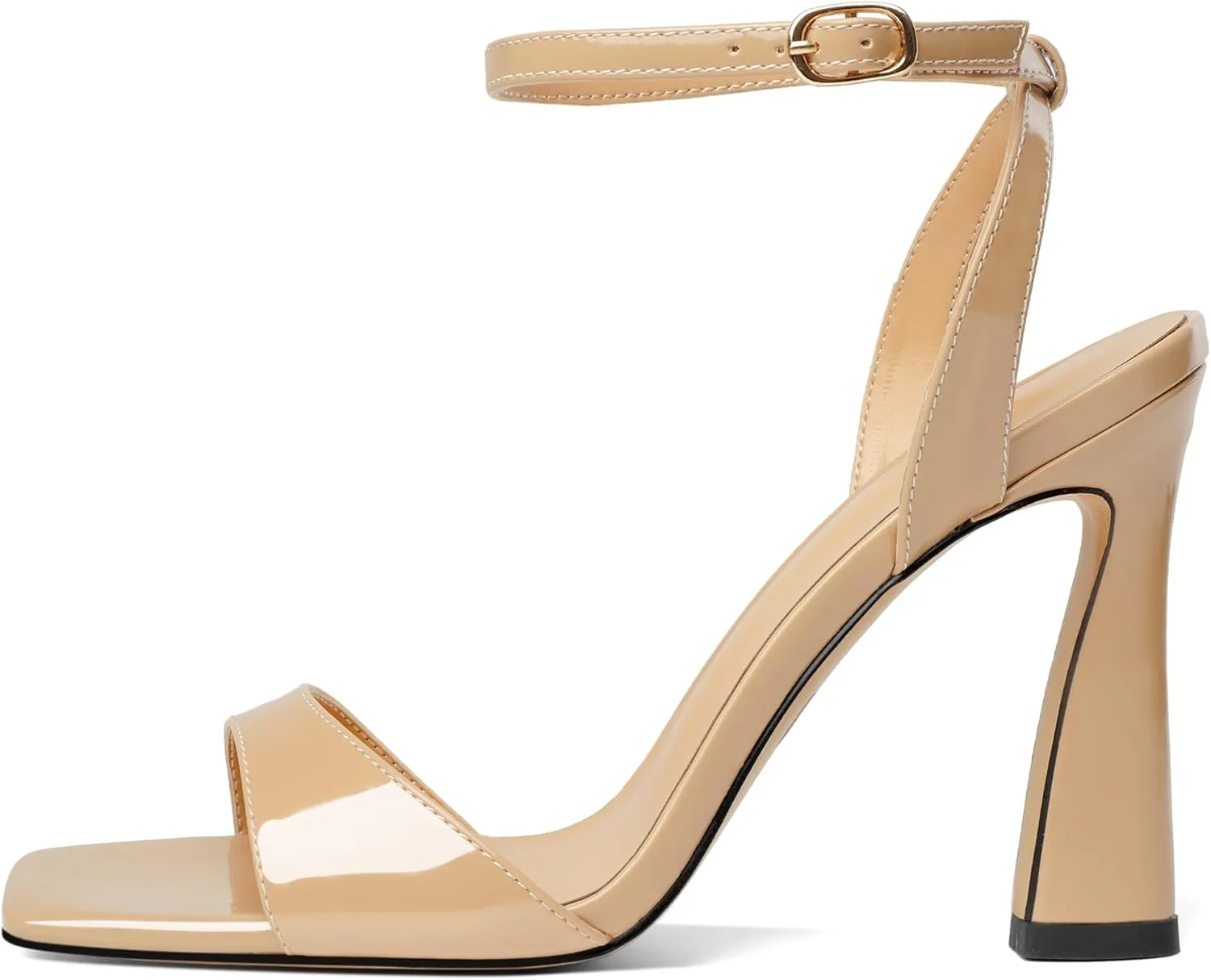 AUMOTED Womens Strappy Sandals Stilettos High Heel Square Open Toe Sandals Ankle Strap Patent Summer Flared Heeled Sandals 4 Inch
