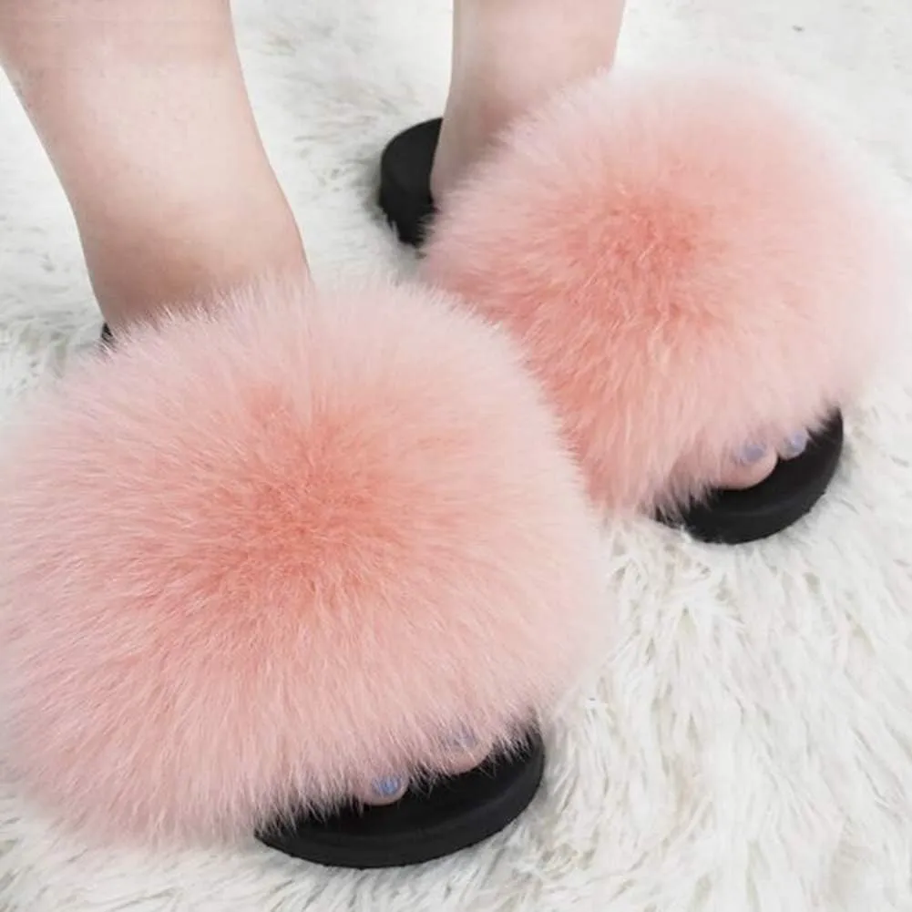 Big Faux Fur Slides, Furry Slippers for Women Fuzzy Fluffy Sandals Shoes