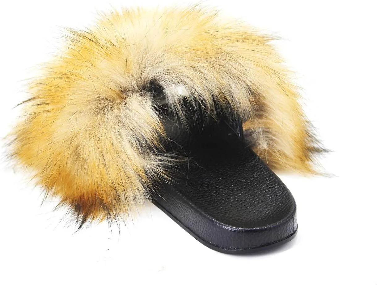 Big Faux Fur Slides, Furry Slippers for Women Fuzzy Fluffy Sandals Shoes