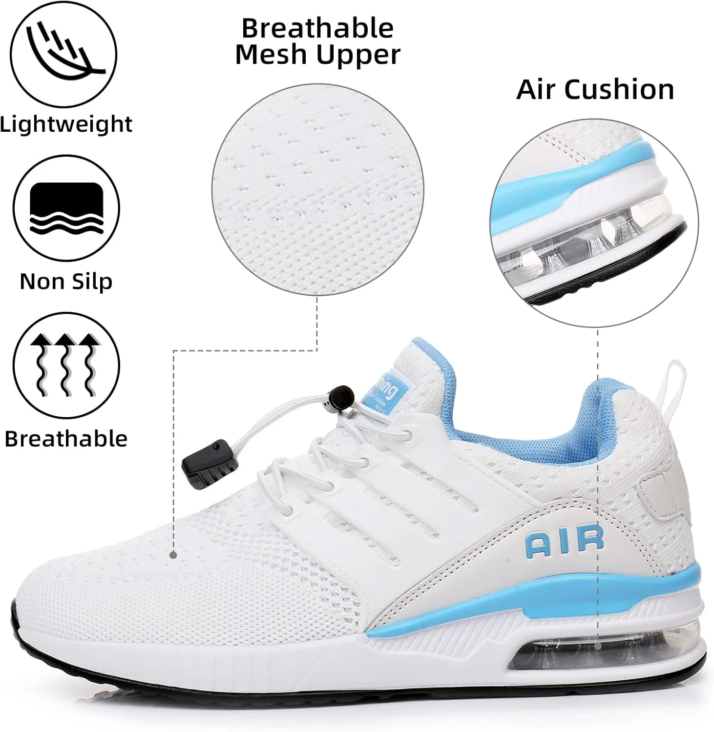 BOGOVER Womens Lightweight Air Running Shoes, Breathable Gym Jogging Running Tennis Sneakers with Air Cushion,No Tie