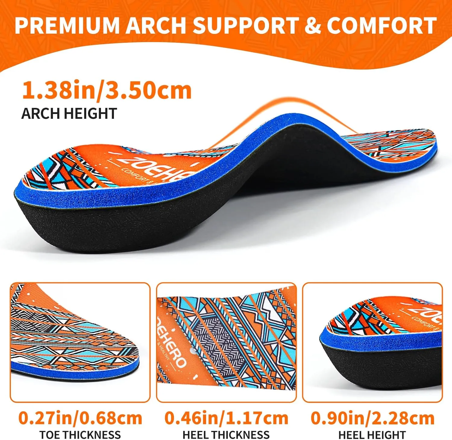 Bohemian Orthotic Insoles for Plantar Fasciitis Relief, Arch Support Shoe Inserts for Men & Women, Flat Feet & Foot Pain Relief, Ideal for Work Boots, Sports & All-Day Standing