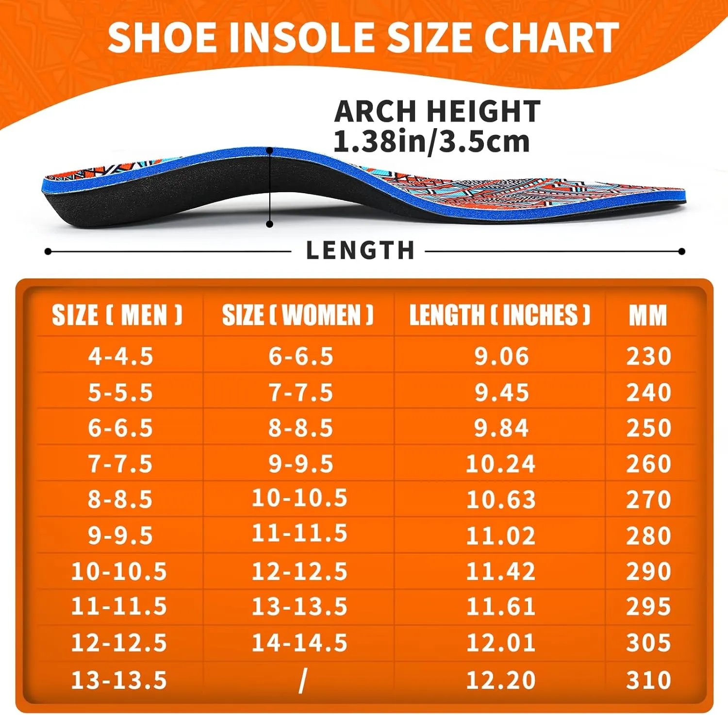 Bohemian Orthotic Insoles for Plantar Fasciitis Relief, Arch Support Shoe Inserts for Men & Women, Flat Feet & Foot Pain Relief, Ideal for Work Boots, Sports & All-Day Standing