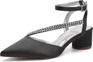 Bridal Shoes Low Heel Rhinestones Satin Strappy Wedding Shoes 4.5CM Pointed Closed Toe Women Party Ankle Strap Sandals Pumps for Prom,Black,6