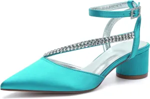 Bridal Shoes Low Heel Rhinestones Satin Strappy Wedding Shoes 4.5CM Pointed Closed Toe Women Party Ankle Strap Sandals Pumps for Prom,Blue green,11