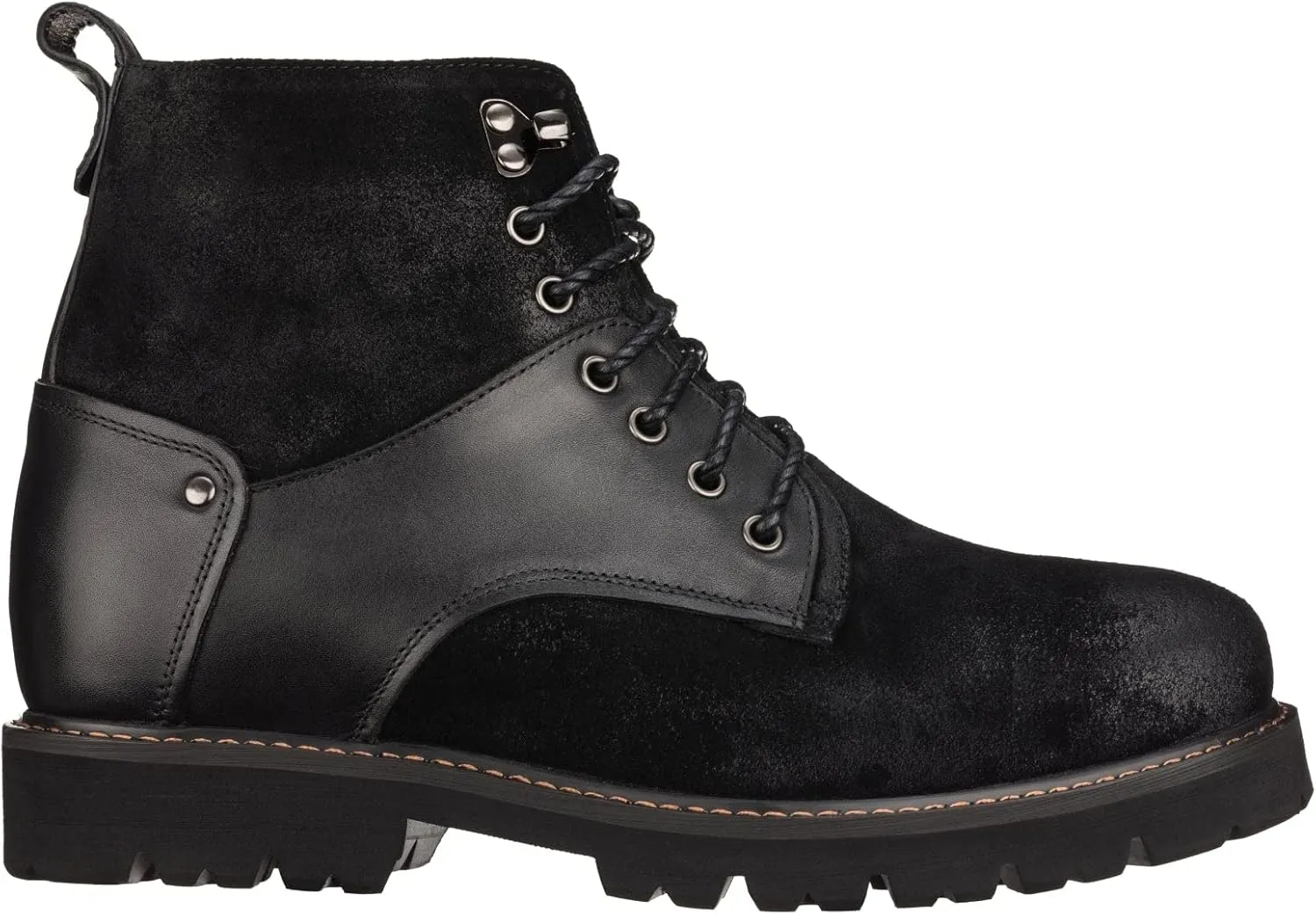 CALTO Men's Invisible Height Increasing Elevator Shoes - Black Nubuck Distressed Leather Round-Toe Lace-up Ankle Boots - 3.3 Inches Taller - K8701 - Size 12 D(M) US