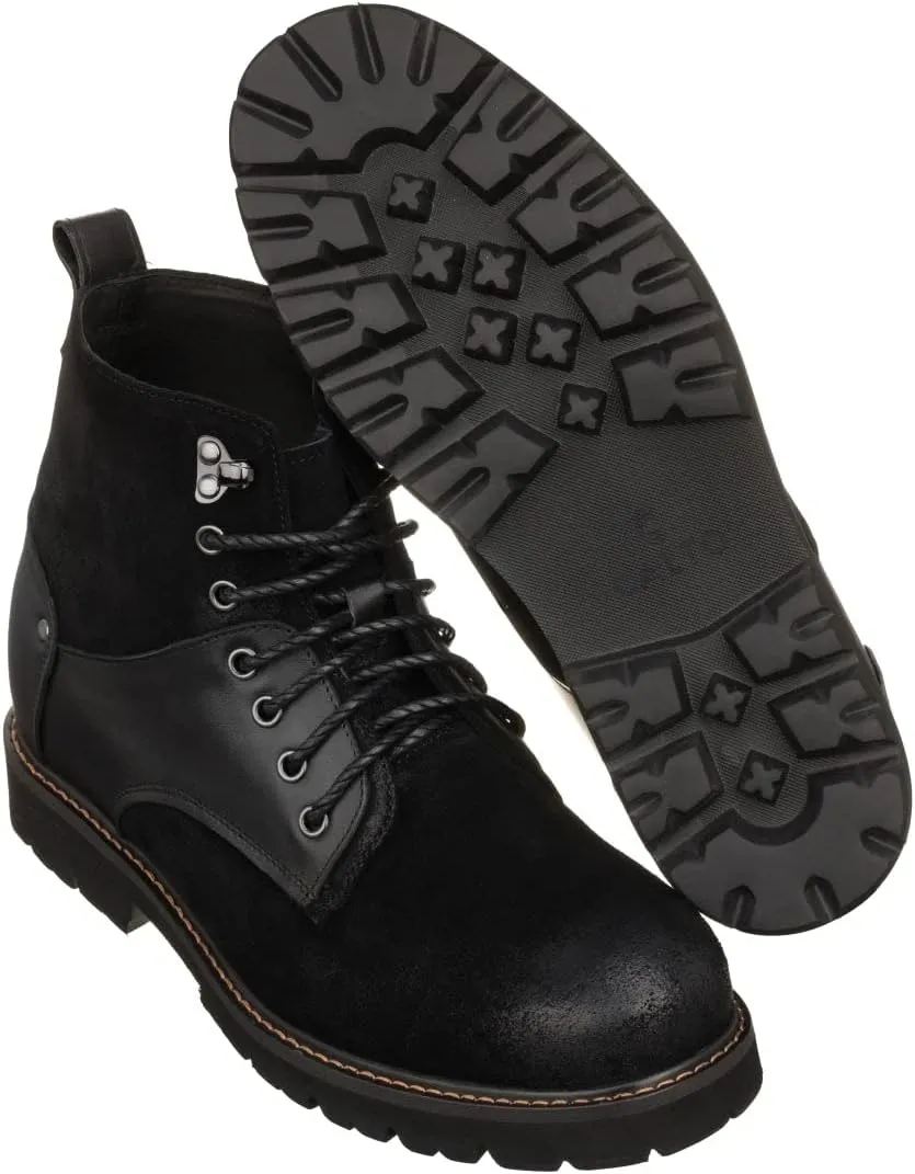 CALTO Men's Invisible Height Increasing Elevator Shoes - Black Nubuck Distressed Leather Round-Toe Lace-up Ankle Boots - 3.3 Inches Taller - K8701 - Size 12 D(M) US
