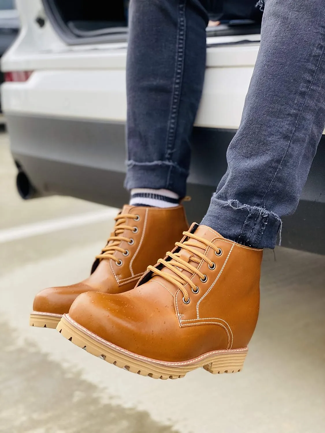 CALTO Men's Invisible Height Increasing Elevator Shoes - Brown Premium Leather Lace-up Round-Toe Work Boots - 3.4 Inches Taller - S8751 - Size 8 D(M) US
