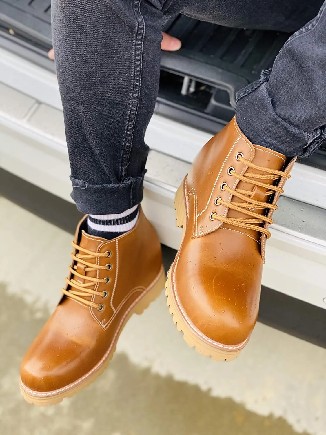CALTO Men's Invisible Height Increasing Elevator Shoes - Brown Premium Leather Lace-up Round-Toe Work Boots - 3.4 Inches Taller - S8751 - Size 8 D(M) US