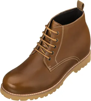 CALTO Men's Invisible Height Increasing Elevator Shoes - Brown Premium Leather Lace-up Round-Toe Work Boots - 3.4 Inches Taller - S8751 - Size 8 D(M) US