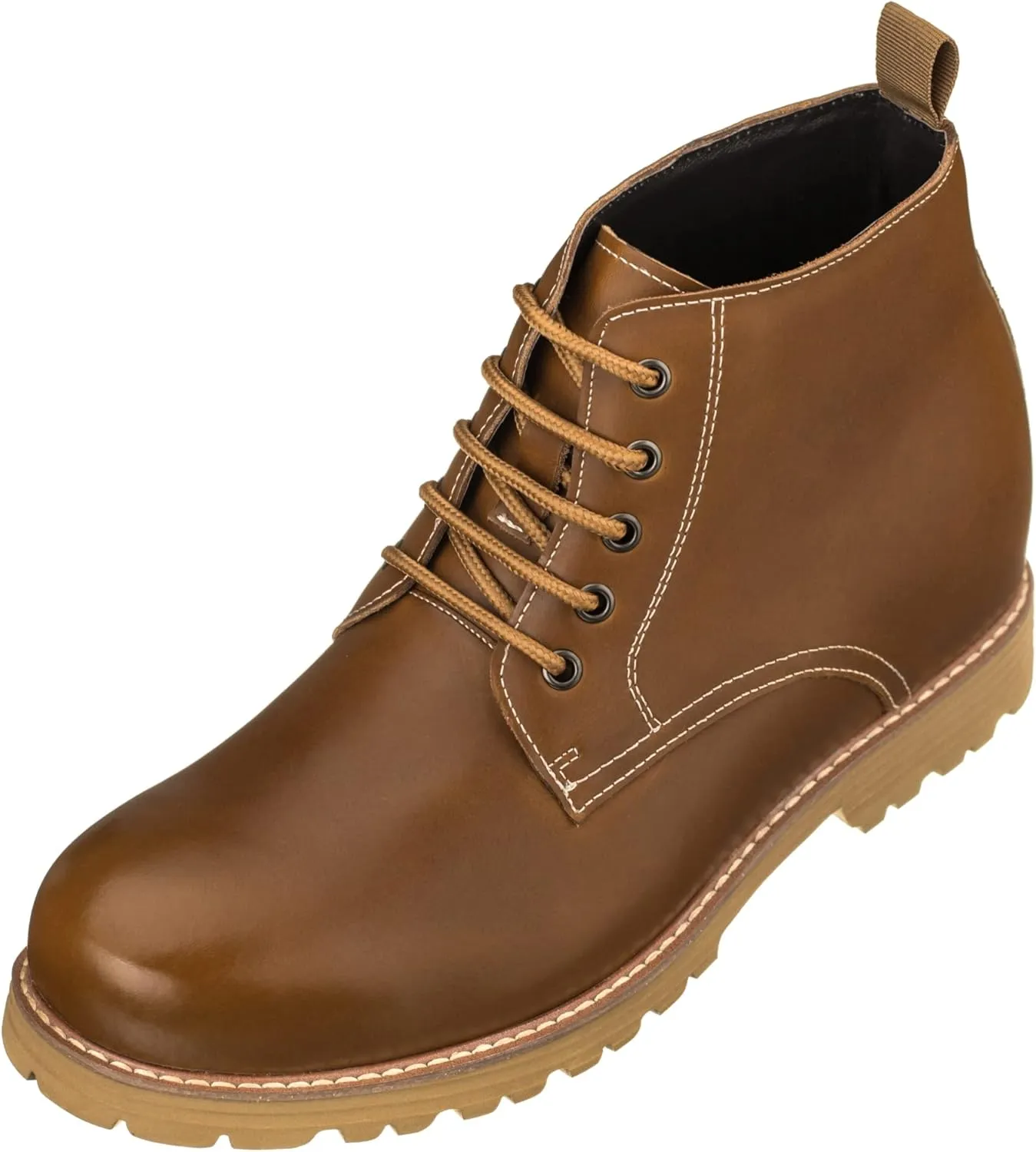 CALTO Men's Invisible Height Increasing Elevator Shoes - Brown Premium Leather Lace-up Round-Toe Work Boots - 3.4 Inches Taller - S8751 - Size 8 D(M) US