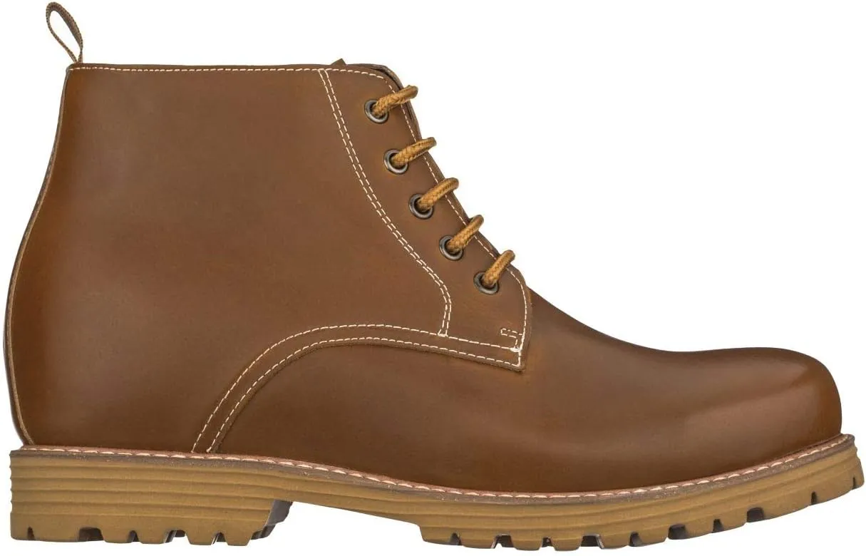 CALTO Men's Invisible Height Increasing Elevator Shoes - Brown Premium Leather Lace-up Round-Toe Work Boots - 3.4 Inches Taller - S8751 - Size 8 D(M) US