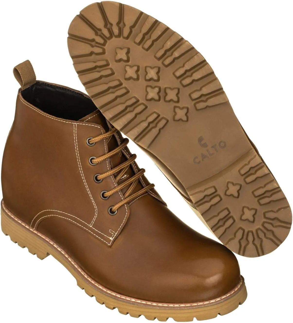 CALTO Men's Invisible Height Increasing Elevator Shoes - Brown Premium Leather Lace-up Round-Toe Work Boots - 3.4 Inches Taller - S8751 - Size 8 D(M) US