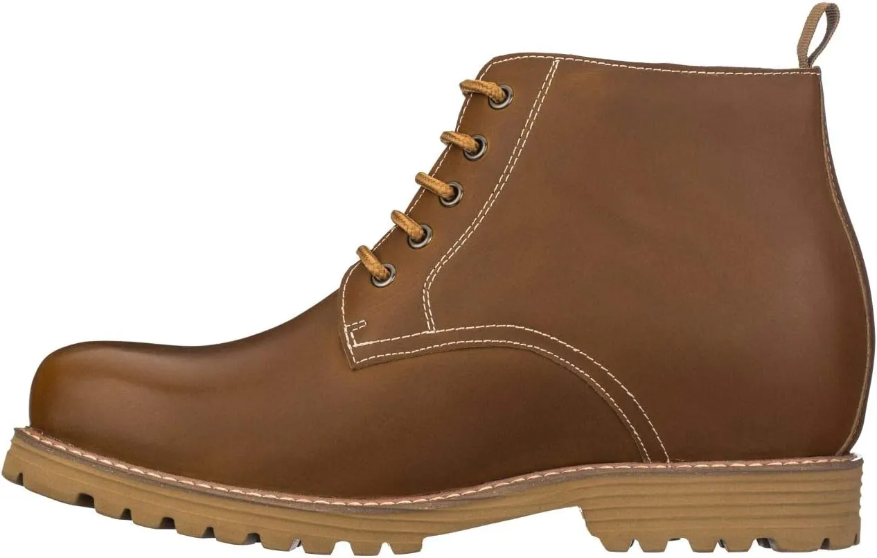 CALTO Men's Invisible Height Increasing Elevator Shoes - Brown Premium Leather Lace-up Round-Toe Work Boots - 3.4 Inches Taller - S8751 - Size 8 D(M) US