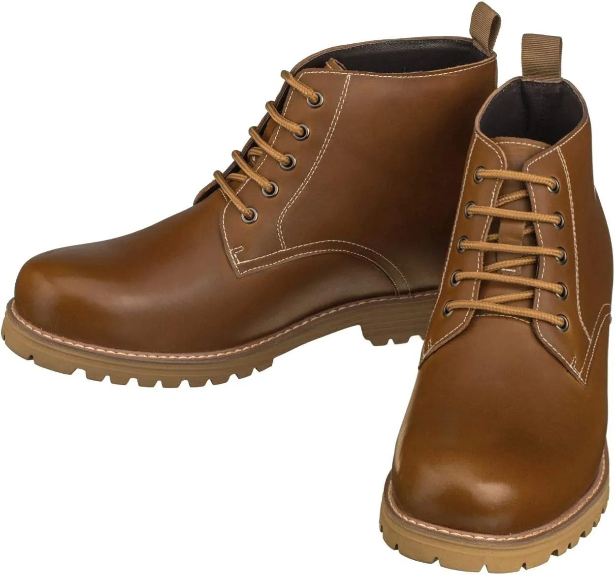 CALTO Men's Invisible Height Increasing Elevator Shoes - Brown Premium Leather Lace-up Round-Toe Work Boots - 3.4 Inches Taller - S8751 - Size 8 D(M) US