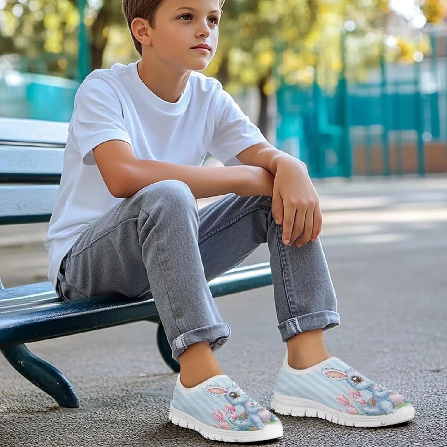 Casual Mesh Laceless Shoes Girls Boys Slip On Shoes-White Sole