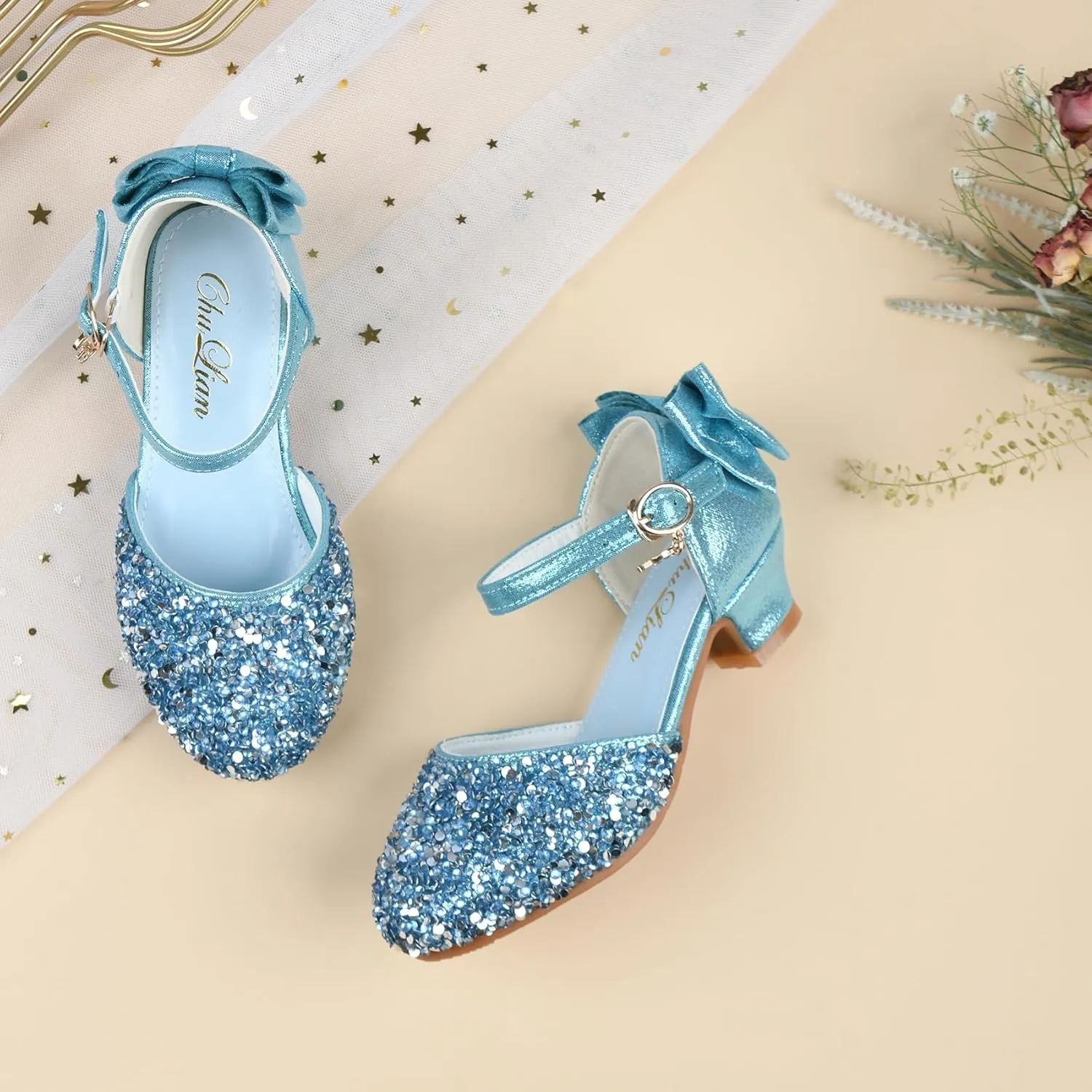 ChuLian Girls Sandals Little Kids Glitter Bow Dress Shoes Crystal Low Heel Sequins Princess Sandals Toddler Flower Wedding Party Shoes