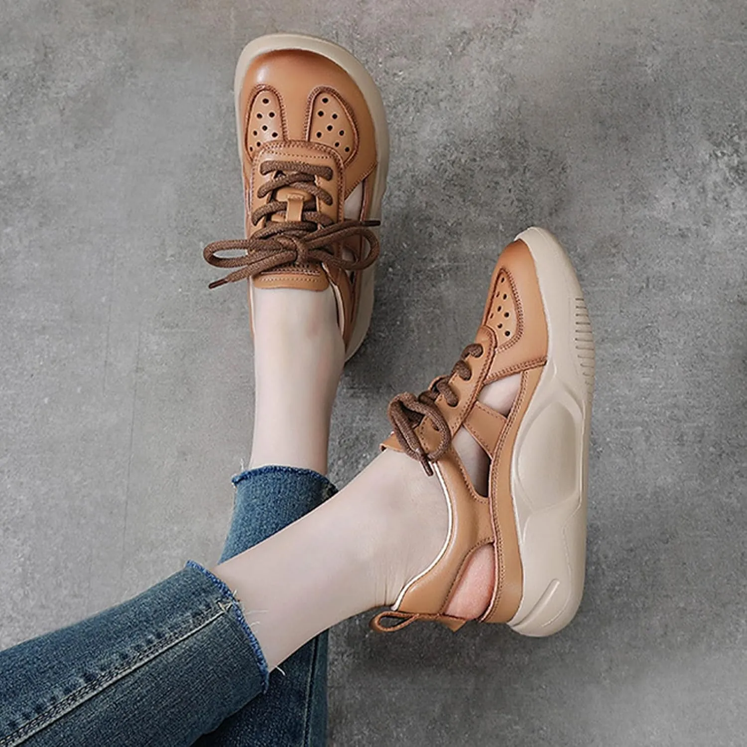 Chunky Platform Hollow Out Sneakers Shoes for Women Genuine Leather Lace Up Wedge Foam Insole Slingback Closed-Toe Walking Sport Sandals Casual Fashion Comfortable Dad Shoes