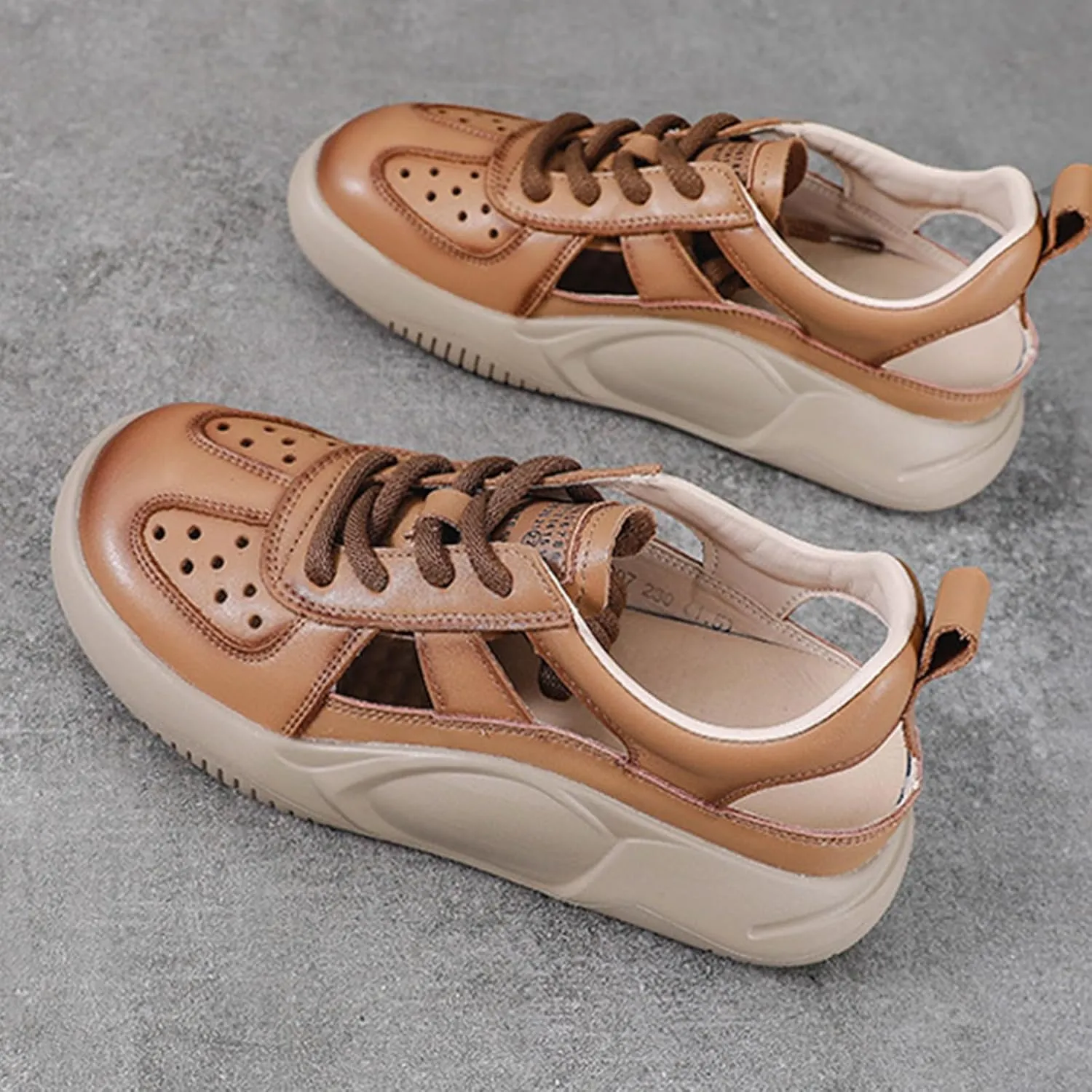 Chunky Platform Hollow Out Sneakers Shoes for Women Genuine Leather Lace Up Wedge Foam Insole Slingback Closed-Toe Walking Sport Sandals Casual Fashion Comfortable Dad Shoes