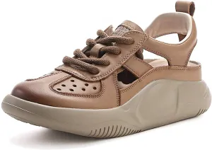 Chunky Platform Hollow Out Sneakers Shoes for Women Genuine Leather Lace Up Wedge Foam Insole Slingback Closed-Toe Walking Sport Sandals Casual Fashion Comfortable Dad Shoes