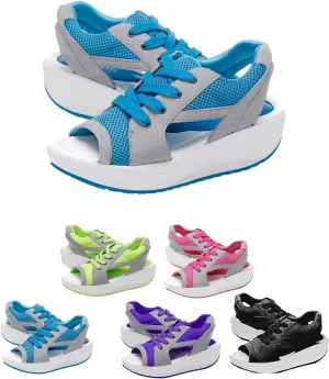 Contrast color trim hollow lace-up platform sandals, summer women's thick bottom wedge heel open toe non-slip sandals