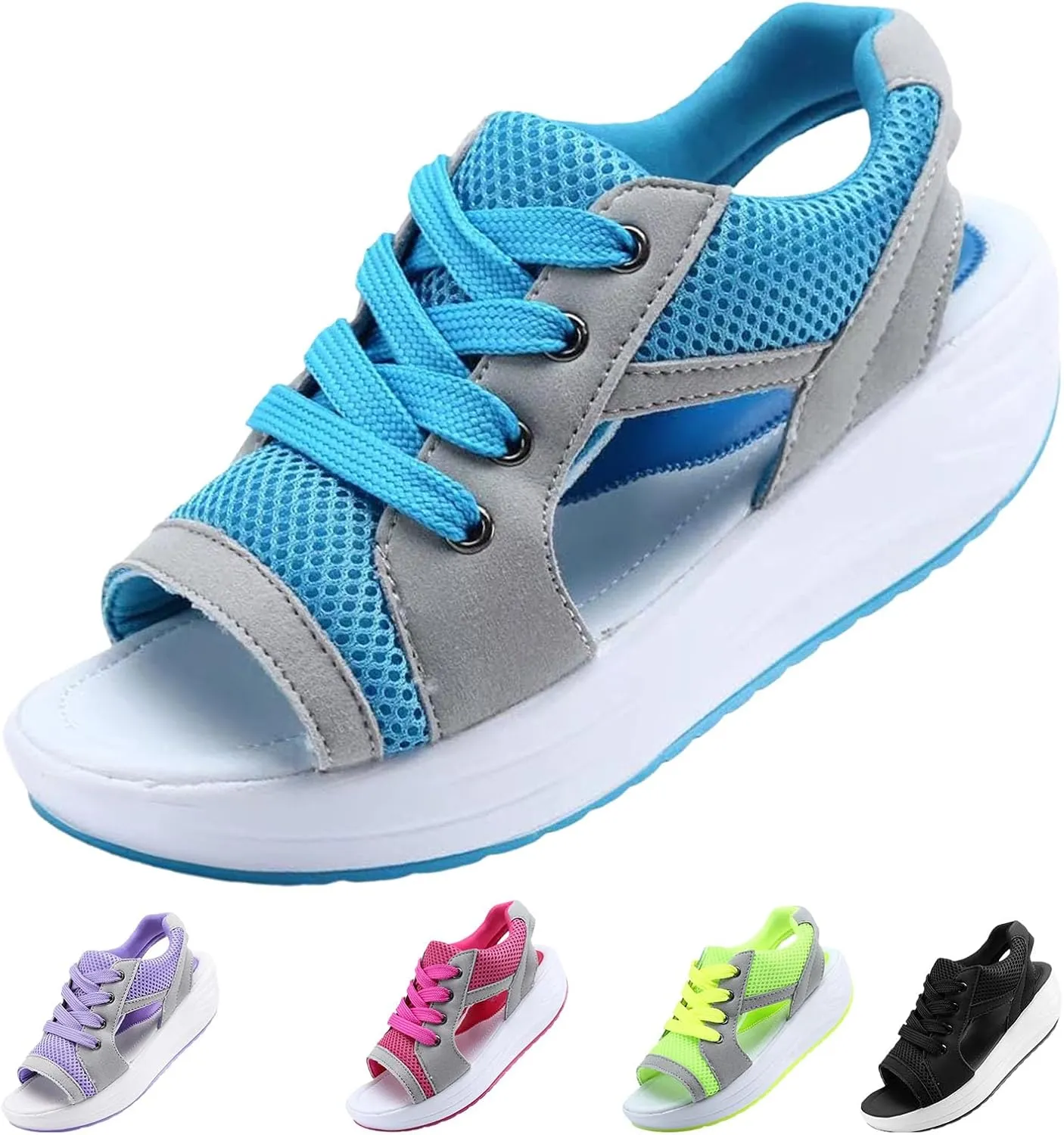 Contrast Paneled Cutout Lace-Up Muffin Sandals for Women, Causal Summer Tennis Shoes Open Toe Platform Sneaker
