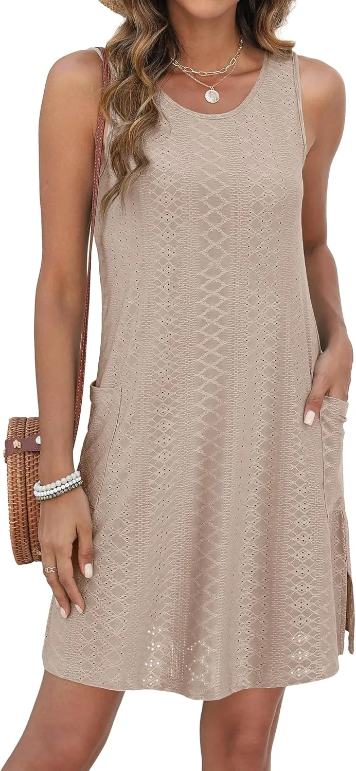 Coverup Summer Dresses for Women 2025 Eyelet Casual Loose Sleeveless Sundresses Tank Dresses with Pockets