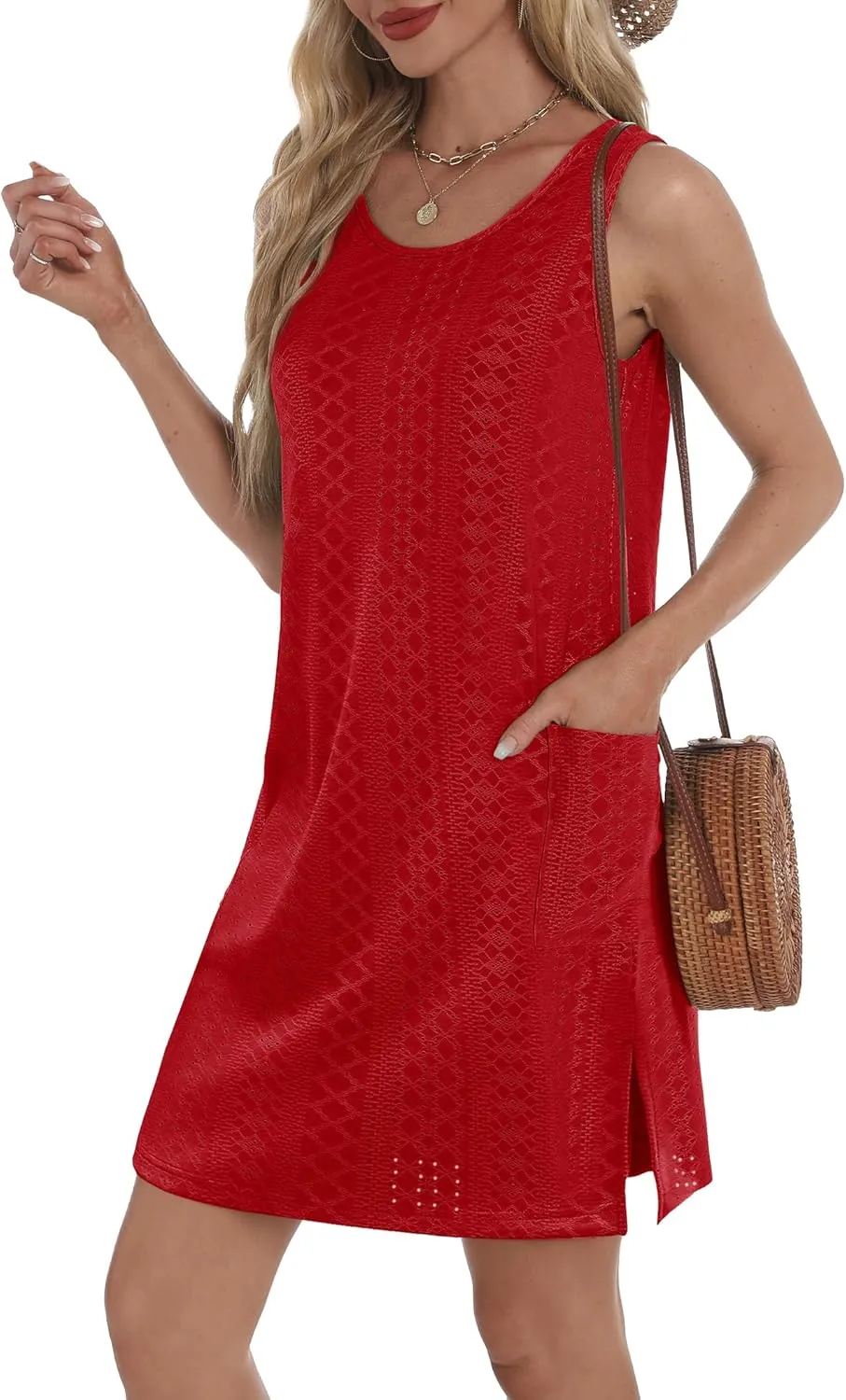 Coverup Summer Dresses for Women 2025 Eyelet Casual Loose Sleeveless Sundresses Tank Dresses with Pockets