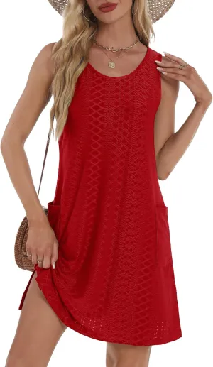 Coverup Summer Dresses for Women 2025 Eyelet Casual Loose Sleeveless Sundresses Tank Dresses with Pockets