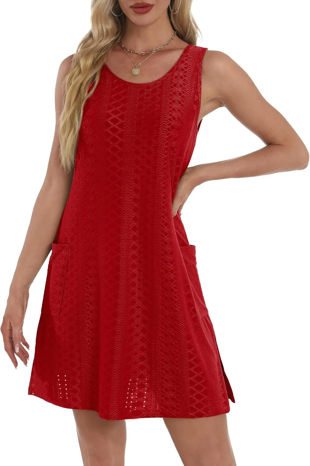 Coverup Summer Dresses for Women 2025 Eyelet Casual Loose Sleeveless Sundresses Tank Dresses with Pockets
