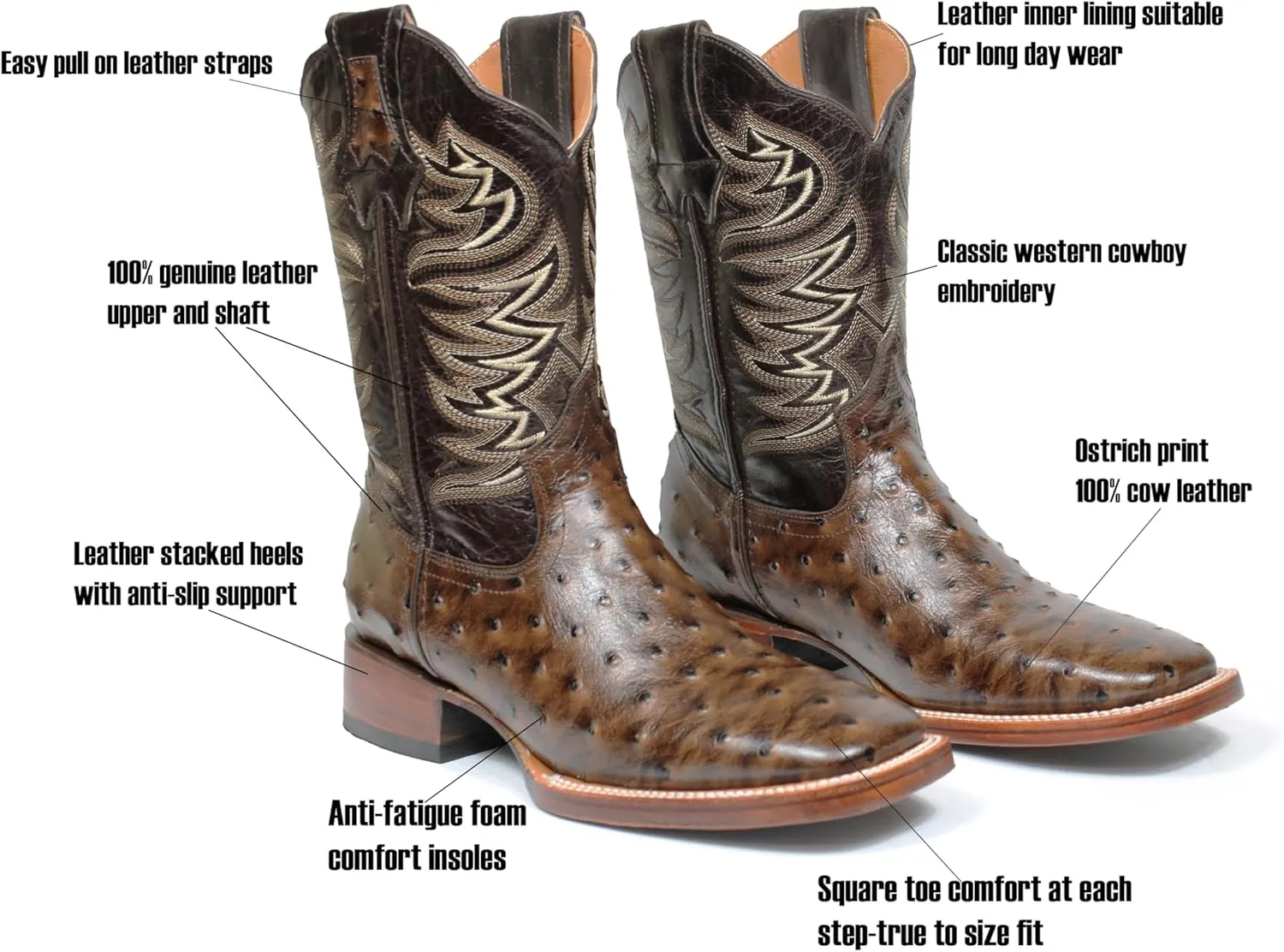 Cowboy Boots for Men Genuine Leather Ostrich Print Western Rodeo Square Toe Botas Vaqueras