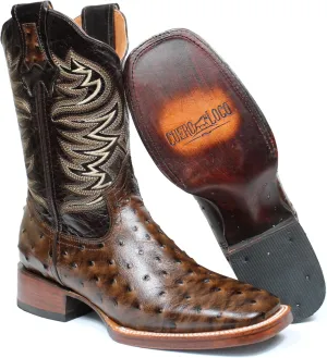 Cowboy Boots for Men Genuine Leather Ostrich Print Western Rodeo Square Toe Botas Vaqueras