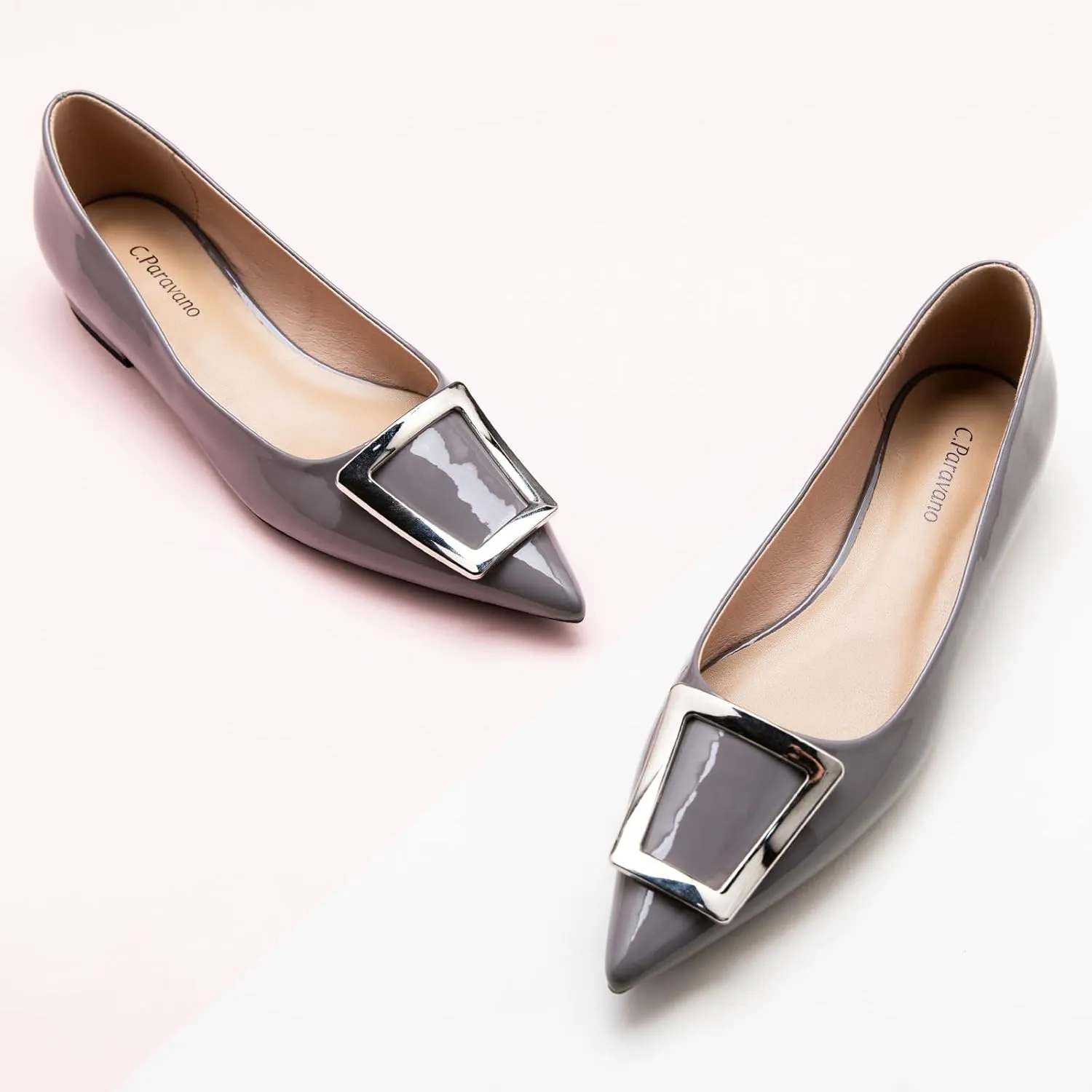 C.Paravano Flats Shoes for Women Pointed Toe Flats Dressy Flats Ballet Flats Shoes Patent Leather Shoes Comfortable Slip On Flat