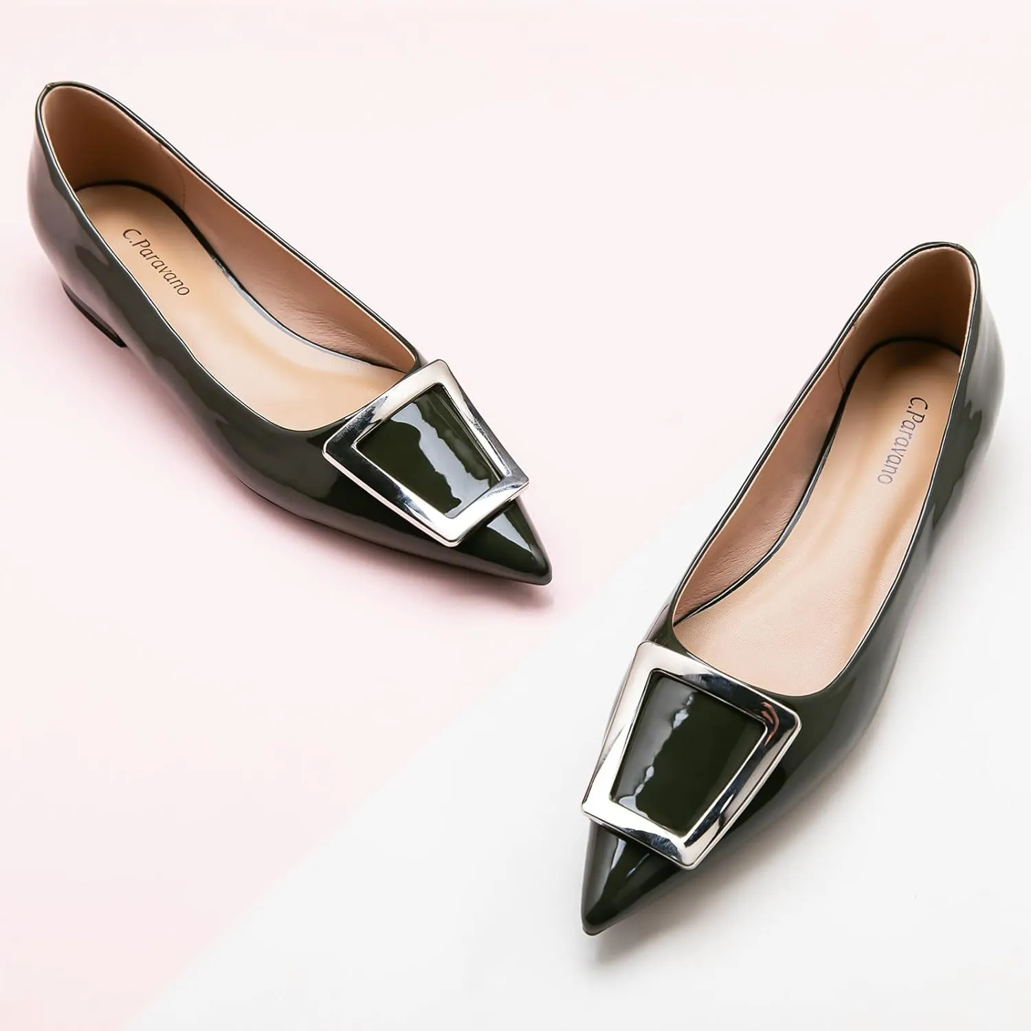 C.Paravano Flats Shoes for Women Pointed Toe Flats Dressy Flats Ballet Flats Shoes Patent Leather Shoes Comfortable Slip On Flat
