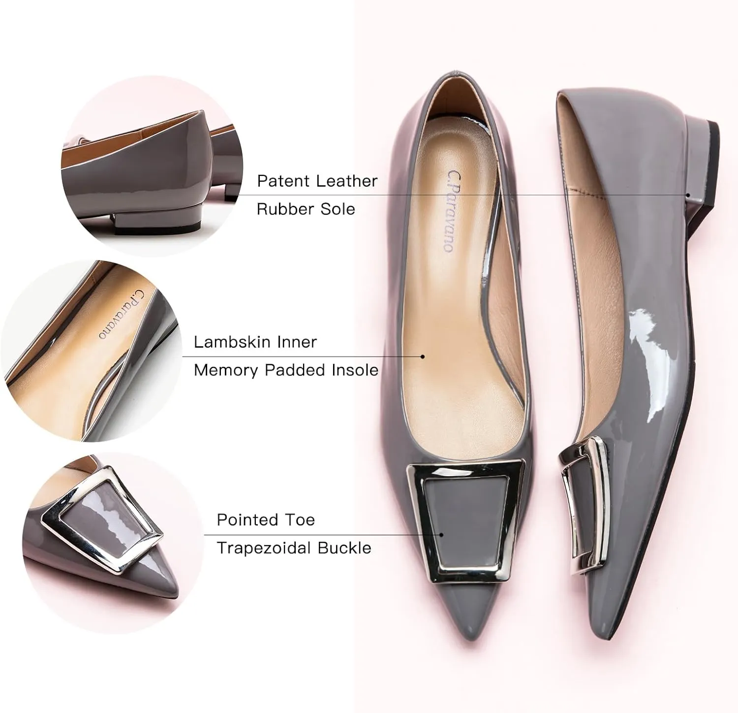 C.Paravano Flats Shoes for Women Pointed Toe Flats Dressy Flats Ballet Flats Shoes Patent Leather Shoes Comfortable Slip On Flat