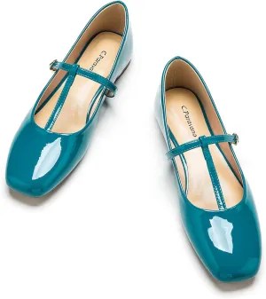 C.Paravano Women's Mary Jane Flats | Comfortable Square Toe Ballet Flats | Mary Jane Shoes with Strap | Casual Dressy Flat Shoes for Work Party or Wedding (Size 9,Turquoise)