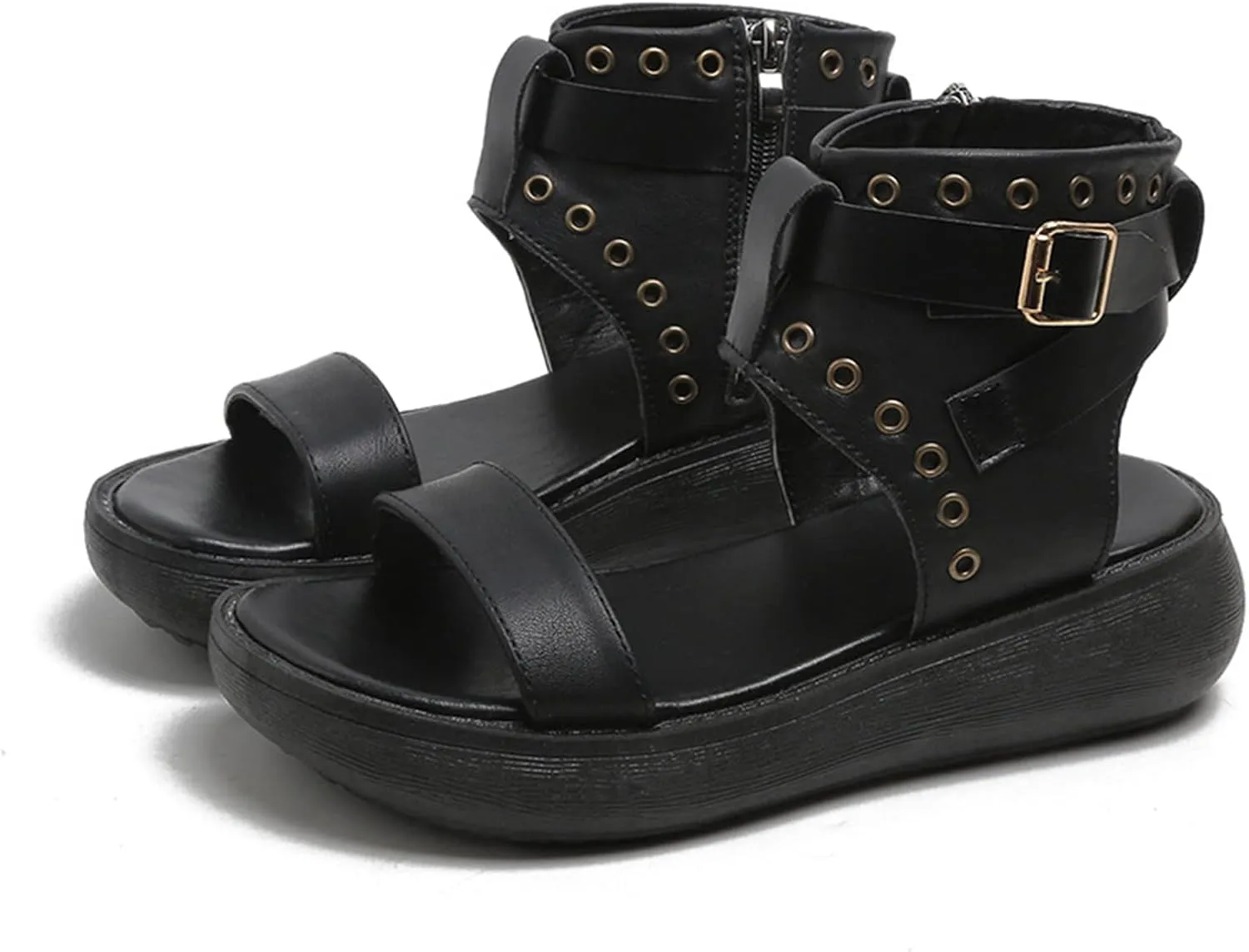 Crepuscute Women's Leather High Top Platform Peep Toe Sandals With Buckle Fashion Adjustable Side Zip Roman Sandals Summer Outdoor Beach Walking Sandals