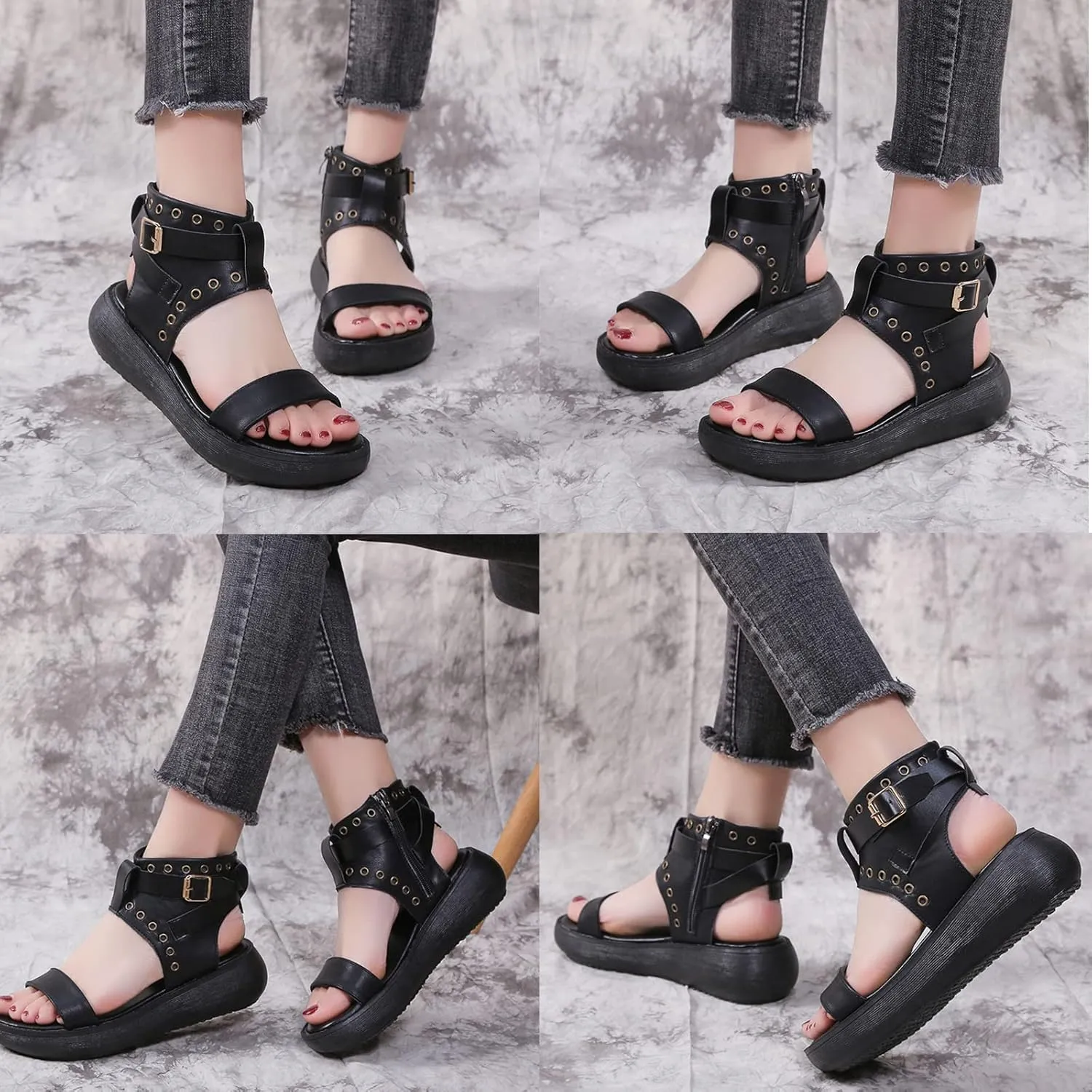 Crepuscute Women's Leather High Top Platform Peep Toe Sandals With Buckle Fashion Adjustable Side Zip Roman Sandals Summer Outdoor Beach Walking Sandals